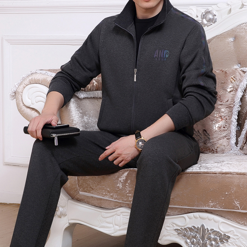 均妮秋冬季中老年男士运动套装休闲运动服装爸爸冬装男士外套加绒加厚