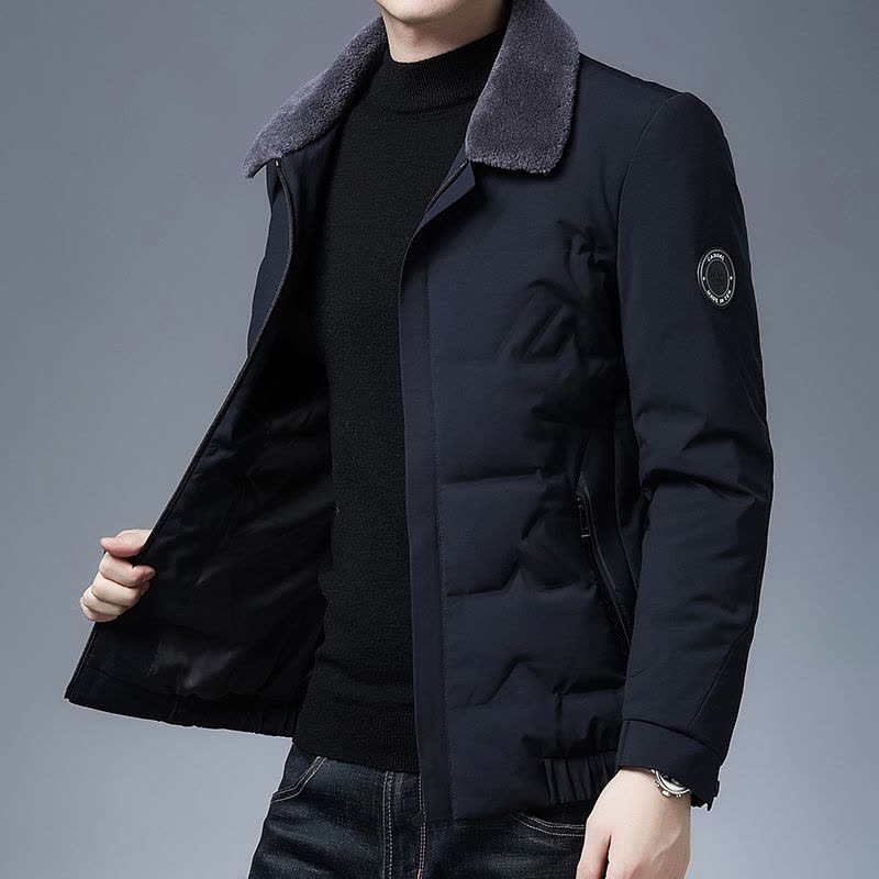 花花公子品牌2021冬羊毛翻领羽绒服男短款白鸭绒休闲中年男士外套保暖衣服图片