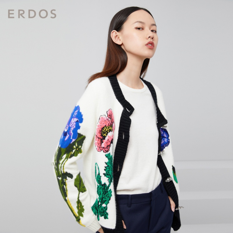 ERDOS 20春夏圆领植物花卉优雅女羊绒开衫针织衫
