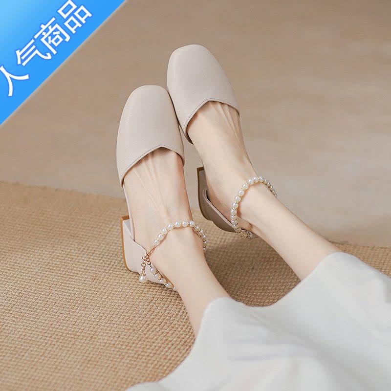 SUNTEK粗跟单鞋女2023新款春夏包头凉鞋仙女风配裙子温柔鞋中跟玛丽珍鞋图片