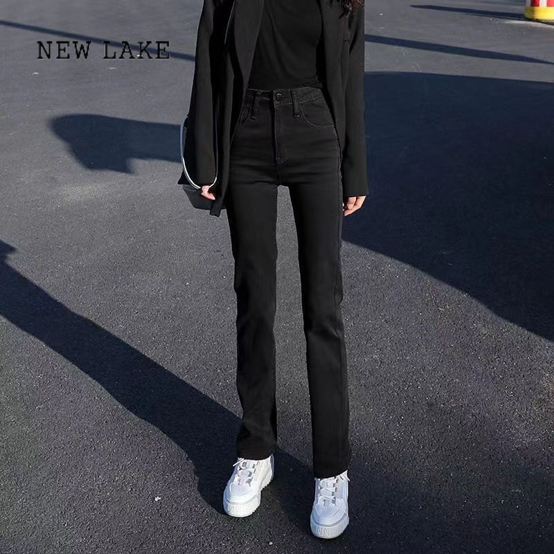 new lake春秋韩版显瘦显高百搭直筒牛仔裤女黑色烟管裤坠感百搭宽松