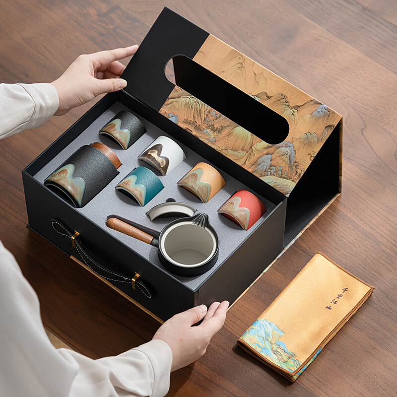 苏氏陶瓷/SUSHI CERAMICS J0924 手绘釉画彩千里江侧把壶五色杯高清大图