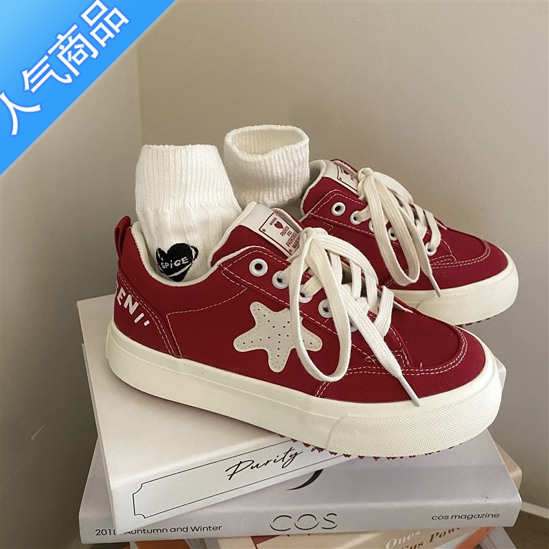 SUNTEK凡大叔红色星星帆布鞋女厚底复古港风休闲小众街拍超火chic板鞋子高清大图