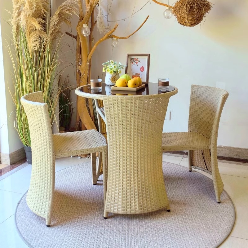 紫叶阳台茶桌椅组合创意休闲小型一桌两椅茶几看书户外藤椅三件套 米黄圆桌68/送坐垫