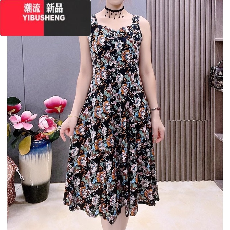 YIBUSHENG冰丝吊带连衣裙女2024新款大码宽松遮肚显瘦印花背心无袖印衣G高清大图