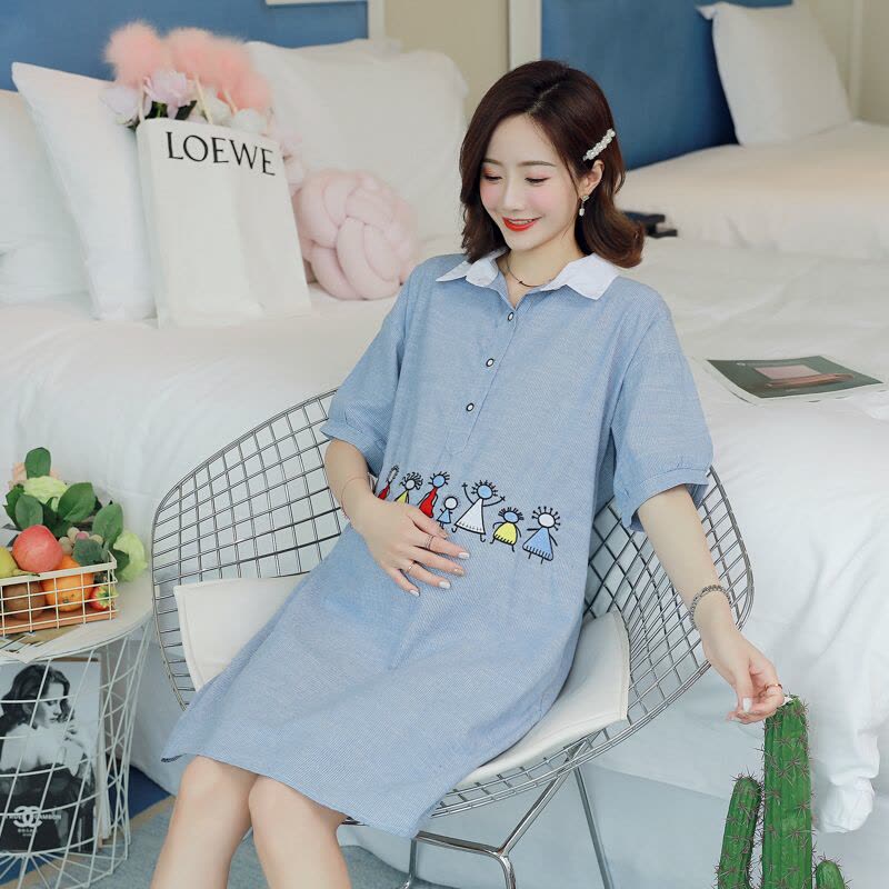 迪鲁奥(DILUAO)孕妇连衣裙夏天新款时尚短袖衬衫裙中长款外出休闲孕妇裙A字裙夏 蓝色图片