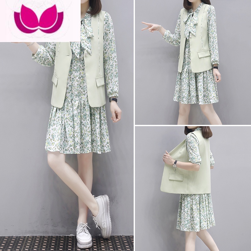 七斓马甲套装裙女装2023年春季休闲宽松外套韩版雪纺碎花连衣裙套高清大图