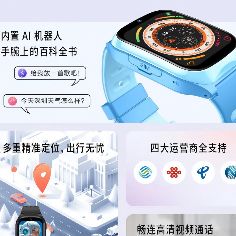 纽曼ZM3智能儿童电话手表 防水远程管控多重定位AI语音音频通话独立拨号 蓝色高清大图