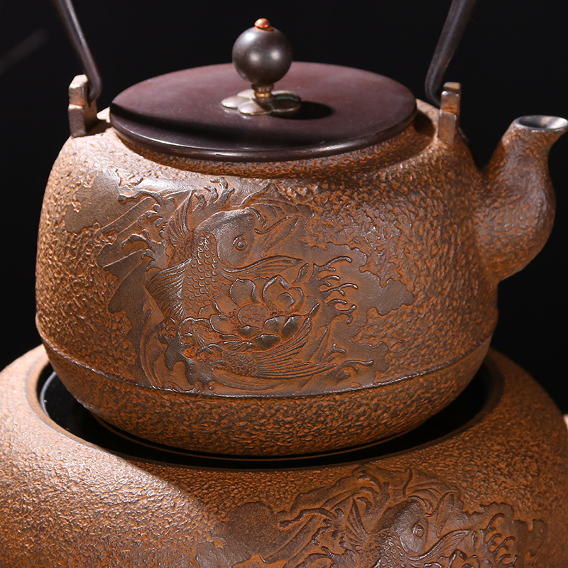 Atelier Tete 纯素做旧 铁壶+电陶炉 煮蒸茶器茶具套装 鲤鱼龙门铁壶套组