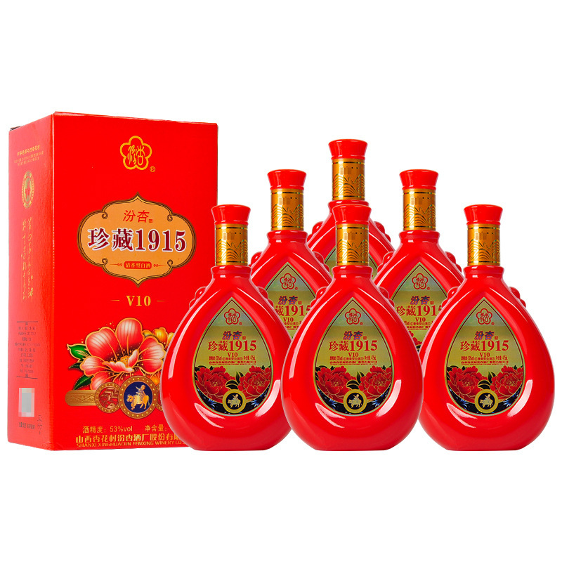 汾酒杏花村汾杏53度珍藏1915v10清香型白酒475ml*6瓶