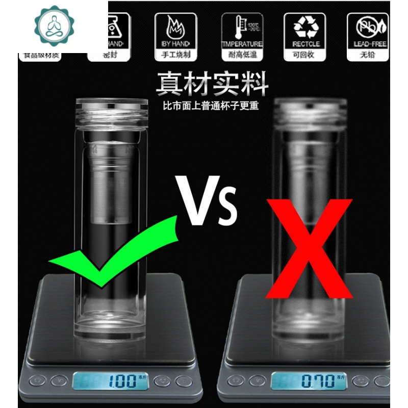 水晶双层过滤网茶水分离泡茶杯子男女车载商务。玻璃杯