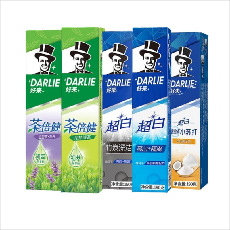 好来 黑人牙膏茶倍健超白家庭实惠装绿茶+竹炭+小苏打+超白+百里香共5支(190g*5)