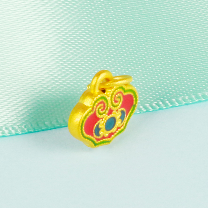 足金999福禄锁双面可戴吊坠3D硬金烧蓝坠子送闺女生日端午节礼物