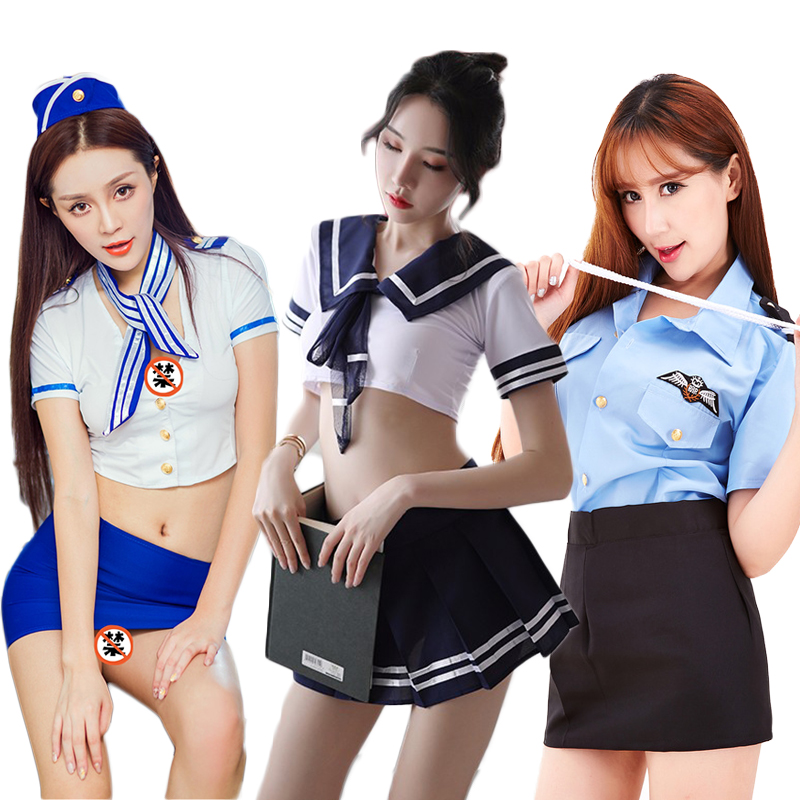 女士情趣内衣女警护士制服套装性感诱惑破洞开档露乳免脱丝袜透明连体衣蕾丝吊带连衣裙学生三点式女式情趣睡衣长夜漫漫成人性用品 空姐制服+学生制服+女警制服（送丝袜+跳蛋） 均码