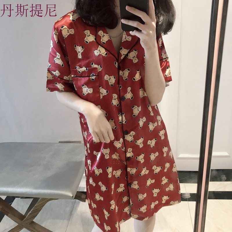 真丝睡衣女夏韩版薄款甜美可爱冰丝性感宽松睡裙可外穿丝绸短袖
