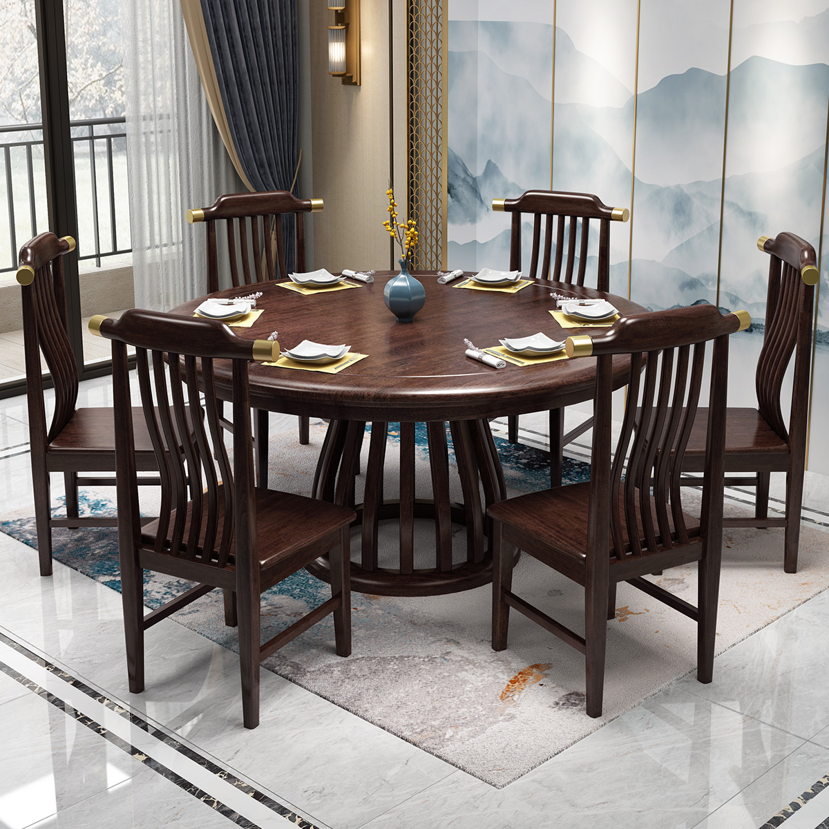 木格尚品新中式紫金檀木餐桌椅组合红木实木现代餐厅家具家用6人圆桌