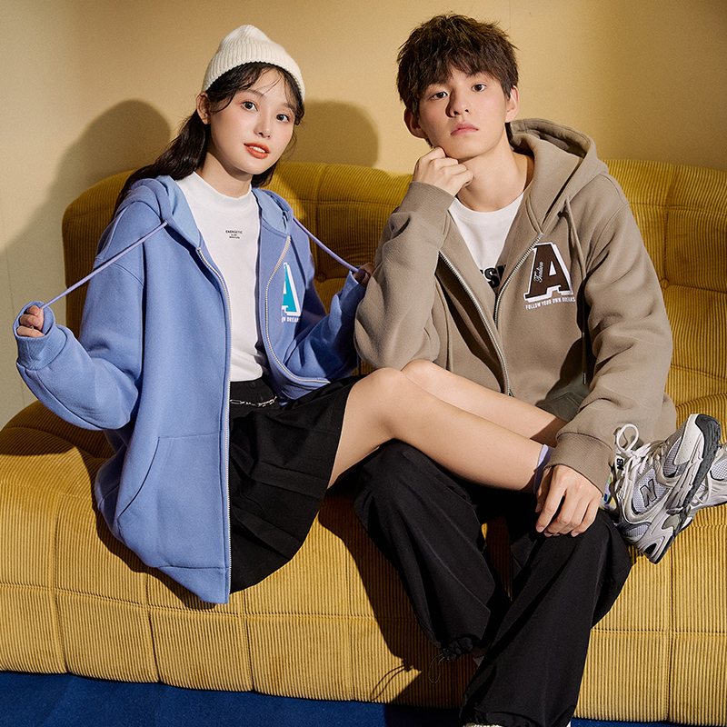 唐狮秋冬季新款情侣卫衣加绒学院风连帽拉链开衫外套上装潮牌