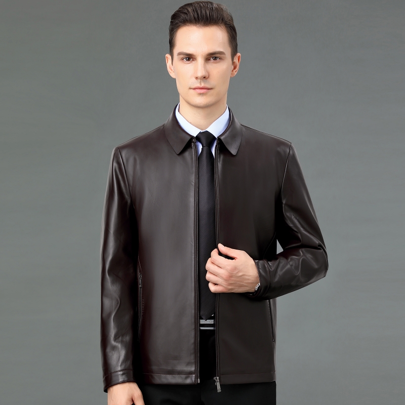 免费试穿 劲霸男装海宁男士真皮皮衣绵羊皮翻领中老年皮夹克爸爸装短款加绒外套大码海宁真皮绵羊皮七匹狼慢皮尔卡丹金利来 卡其单皮 190/100A