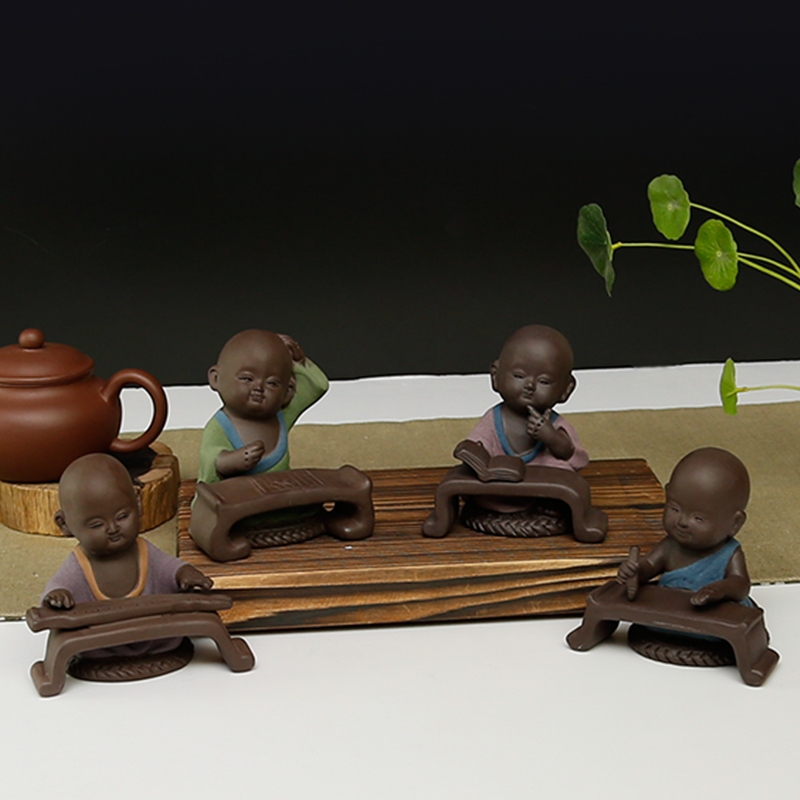 常生源 彩砂陶茶宠摆件可养小和尚茶道摆件配件 琴棋书画茶宠