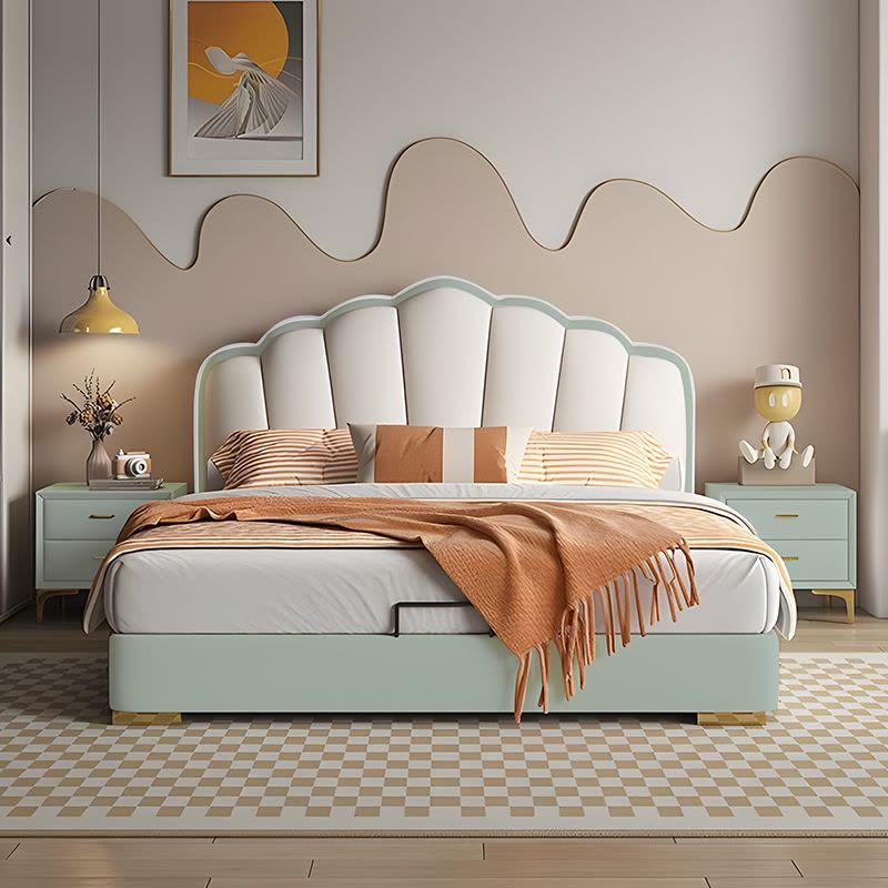 欧梵森 儿童床轻奢贝壳床现代简约卧室真皮床1.8米小户型白色软包床公主女孩储物床图片