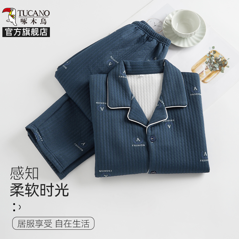 啄木鸟2024冬空气棉夹层睡衣男长袖中老年加厚夹棉家居服女款套加高清大图