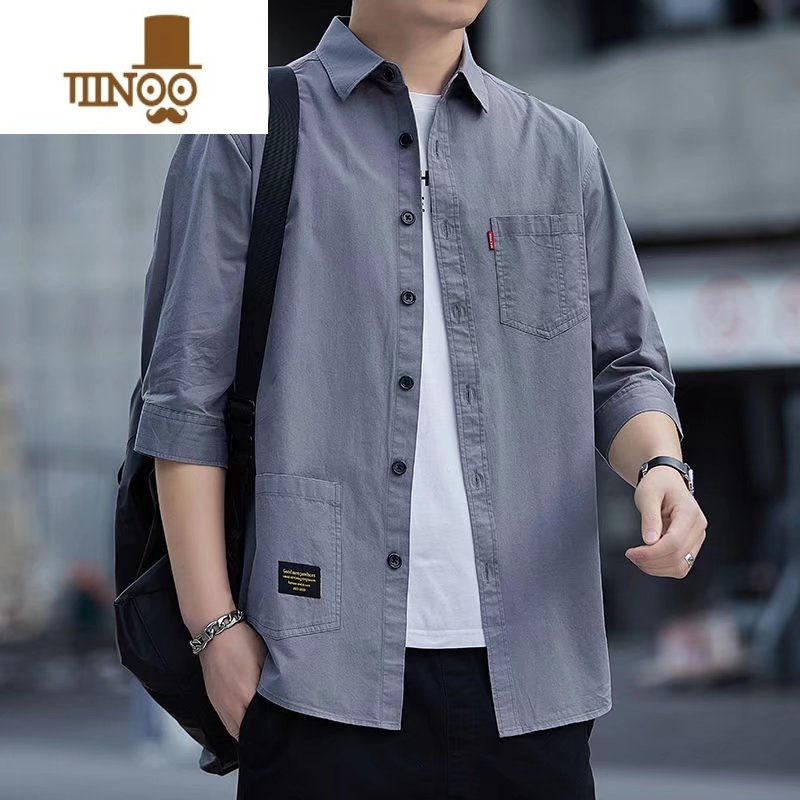 yanxu新款宽松休闲薄款男士长袖衬衫复古日系衬衫外套男款大码衬衣