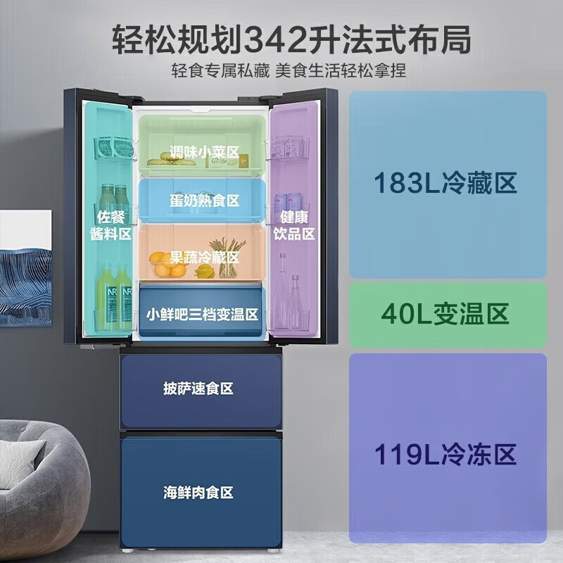 海尔342升法式多门黑金净化风冷无霜一级变频家用电冰箱