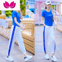 七斓休闲时尚套装女装夏季2023新款跑步运动服小个子夏装阔腿裤套 2XL(建议120-130斤) 蓝色