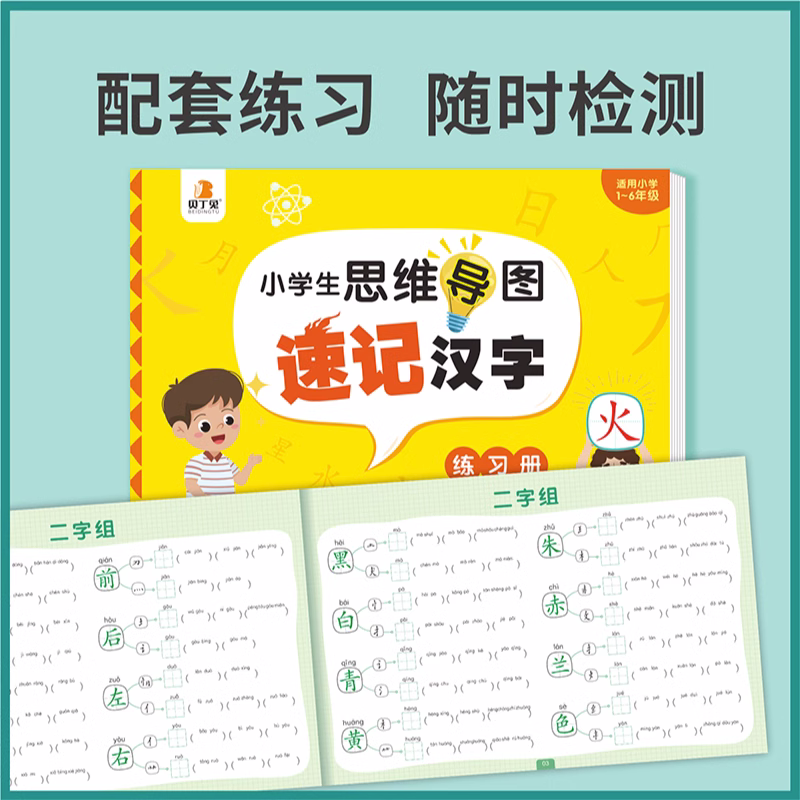 [速记汉字]+[古诗词] 小学通用 [正版]贝丁兔小学生思维导图速记汉字升级版 小学速记汉字手卡 一年级二年级三年级四年
