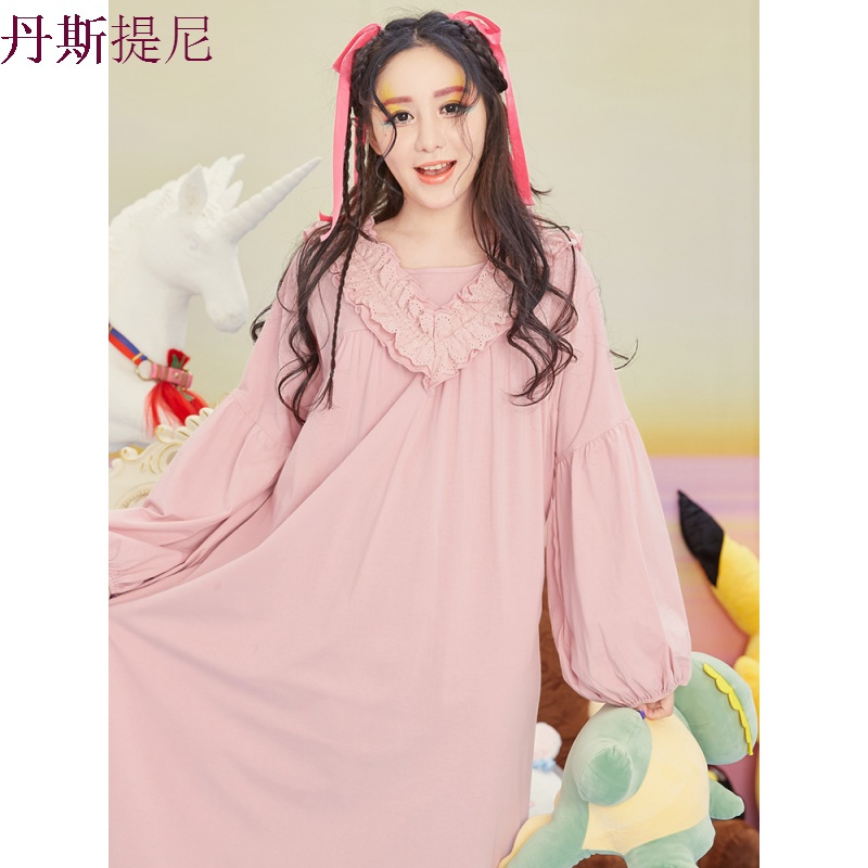 长袖可爱睡裙女秋纯棉韩版清新蕾丝公主睡衣长款家居服春夏季大码
