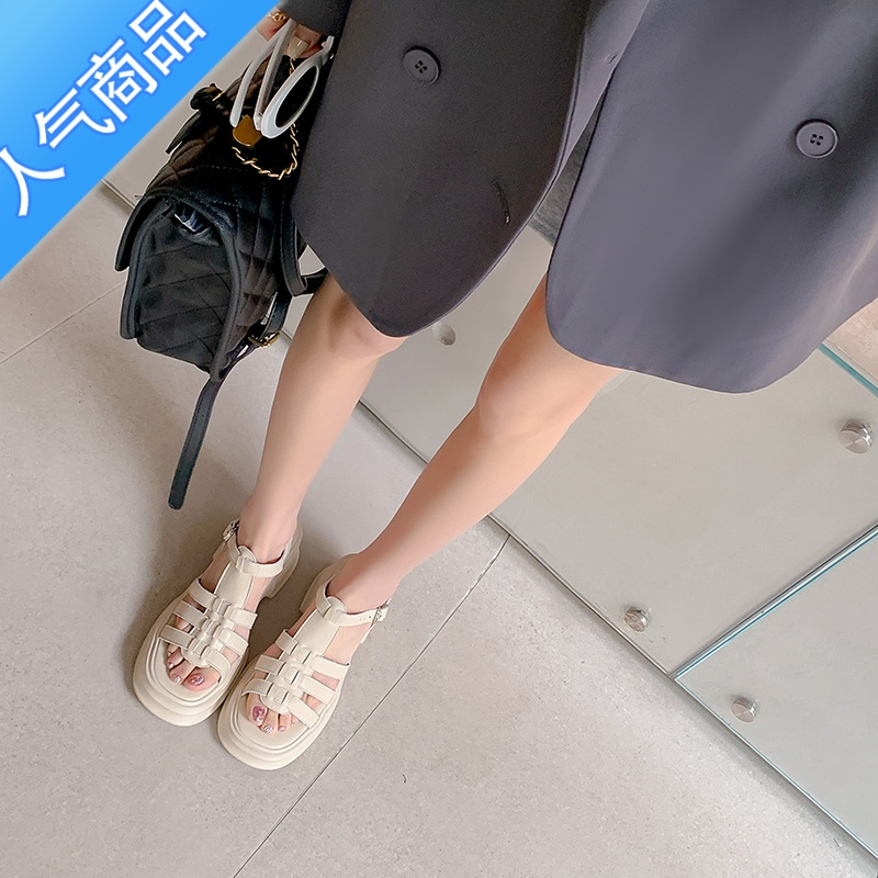 SUNTEK露趾罗马凉鞋女夏季2023新款防水台厚底七厘米高跟镂空猪笼鞋