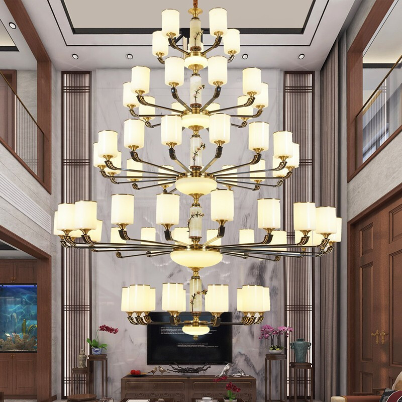 中式全铜大气复式楼中空楼梯长吊灯灯罩朝下酒店工程大厅餐厅铜材灯具