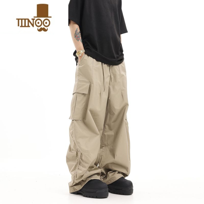 YANXU美式复古褶皱可束脚宽松工装裤嘻哈百搭阔腿拖地街头直筒休闲裤男高清大图