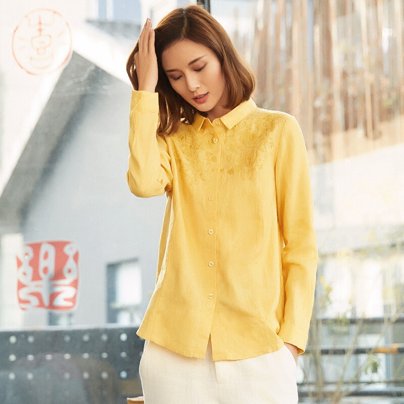 亚麻白衬衫女长袖2018春装棉麻女装衬衣刺绣花百搭上衣
