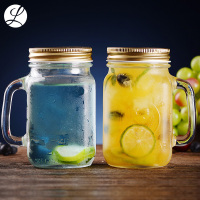 Libbey利比田园多用把杯(印花,带盖)488ml 进口玻璃杯公鸡杯果汁杯梅森杯透明不保温水杯子带盖
