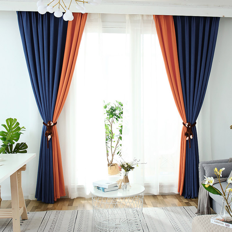 美帮汇窗帘成品简约现代北欧风格客厅卧室飘窗阳台遮光色棉麻布料拼接 星麻-主藏青色+配香橙色色比2:1 宽1.5米高2.7米【打孔加工】