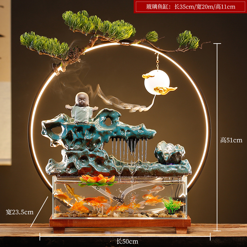 创意招财循环流水生财玻璃金鱼缸摆件办公室桌面客厅乔迁开业礼品
