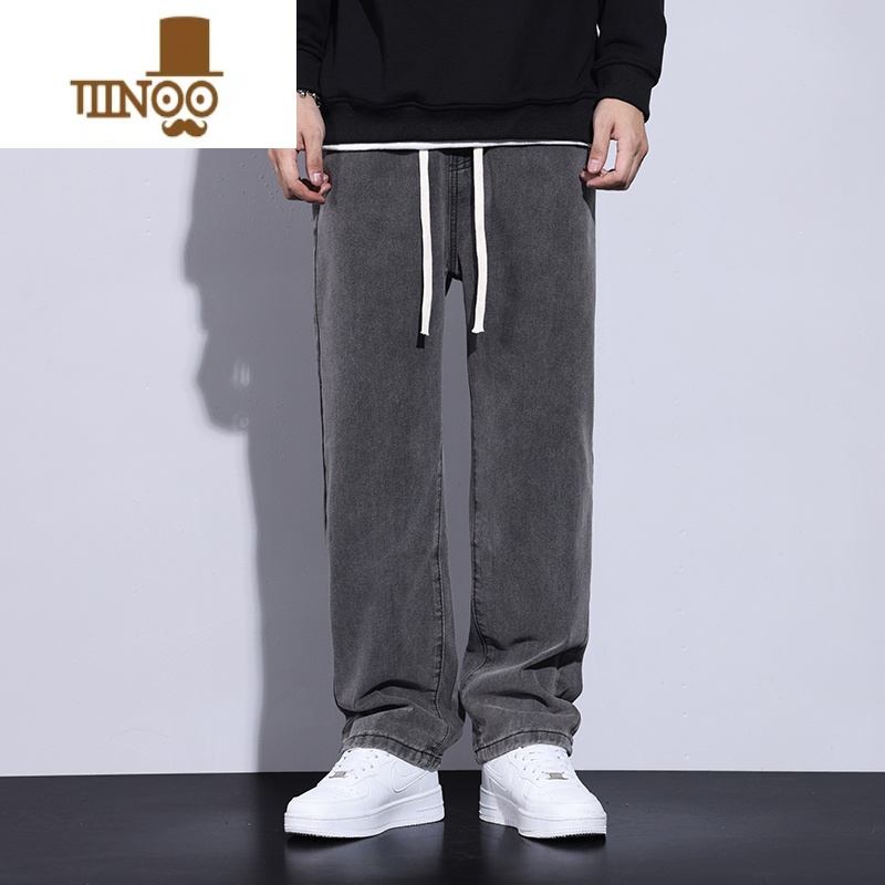 YANXU牛仔裤男夏季复古美式男生松紧腰长裤高街潮流休闲宽松男款直筒裤高清大图