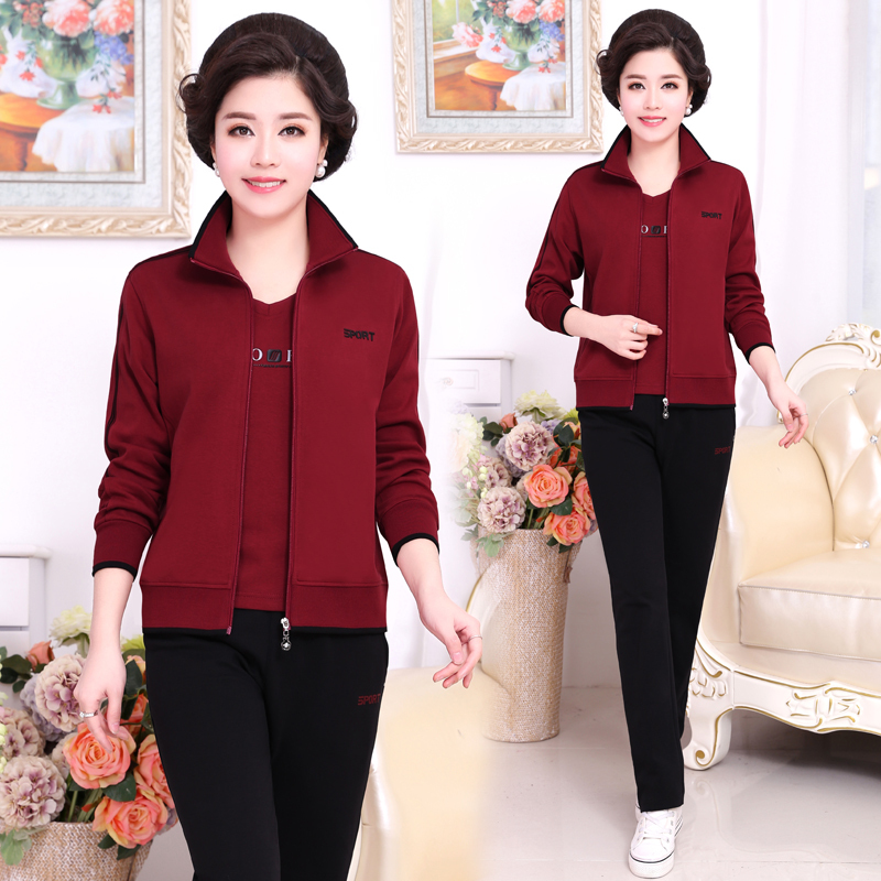 锋非凡品牌中老年运动套装女春秋三件套加肥加大妈妈装外套中年妇女