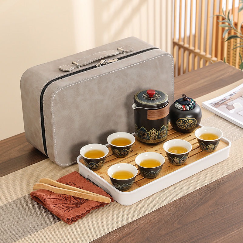 华普思旅行茶具套装 户外便携陶瓷快客杯雅黑-一壶六杯+罐巾夹+灰色包-带盘
