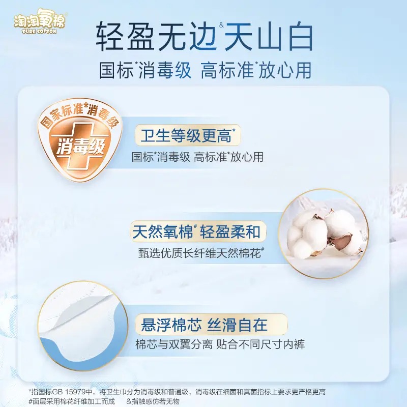 淘淘氧棉天山白消毒级卫生巾纯棉日夜套组7包66片高清大图
