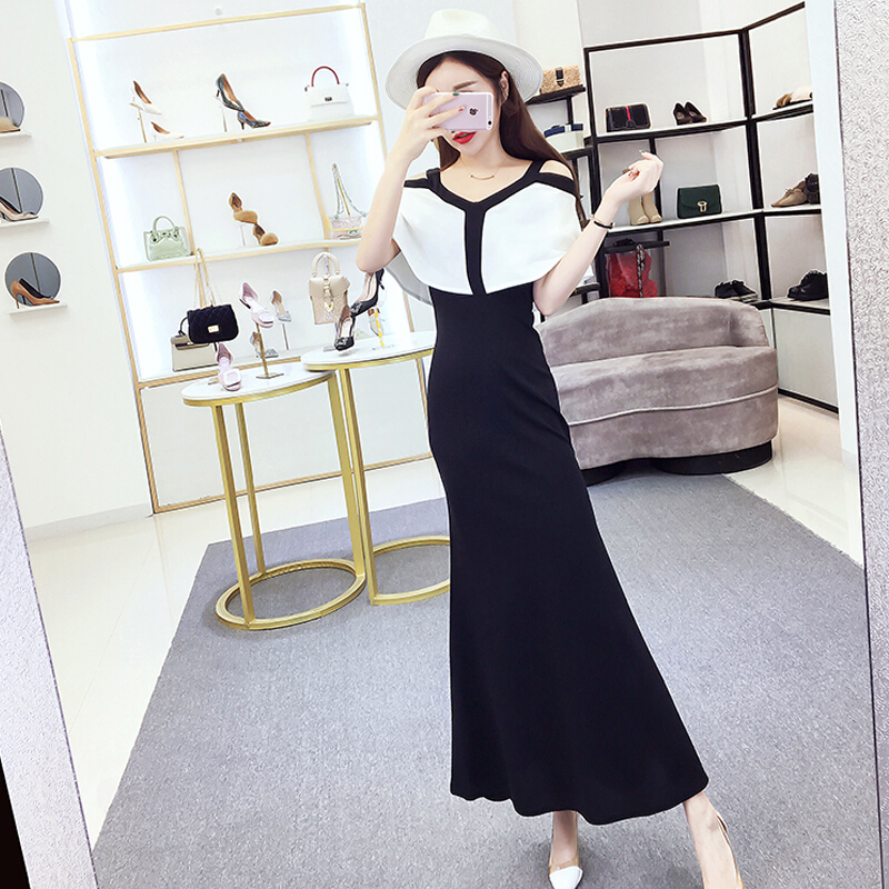 连衣裙女夏2018新款时尚修身收腰显瘦长裙仙复古露肩晚礼服带裙白拼黑