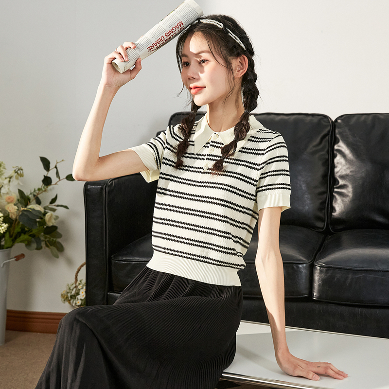 [1.5折价43元]唐狮夏季新款条纹polo衫女针织短袖t恤甜美洋气别致上衣小衫