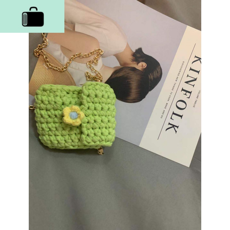 ins泫雅 手工自制编制包包斜跨零钱包 夏秋可爱少女迷你复古珍珠NEW LAKE 清新绿材料（送教程）工具另拍