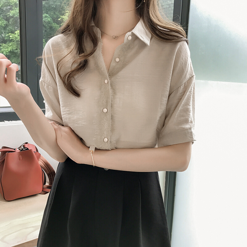 夏装蕾丝拼接短袖衬衫女上衣胖mm大码女装宽松显瘦打底衫韩范衬衣杏色M80-100斤