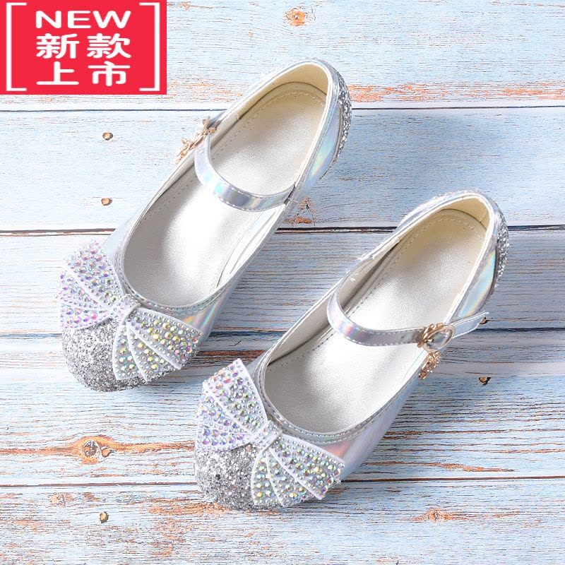 可莉允女童高跟鞋公主舞台演出皮鞋银色儿童礼服鞋小女孩模特走秀水晶鞋运动休闲鞋图片