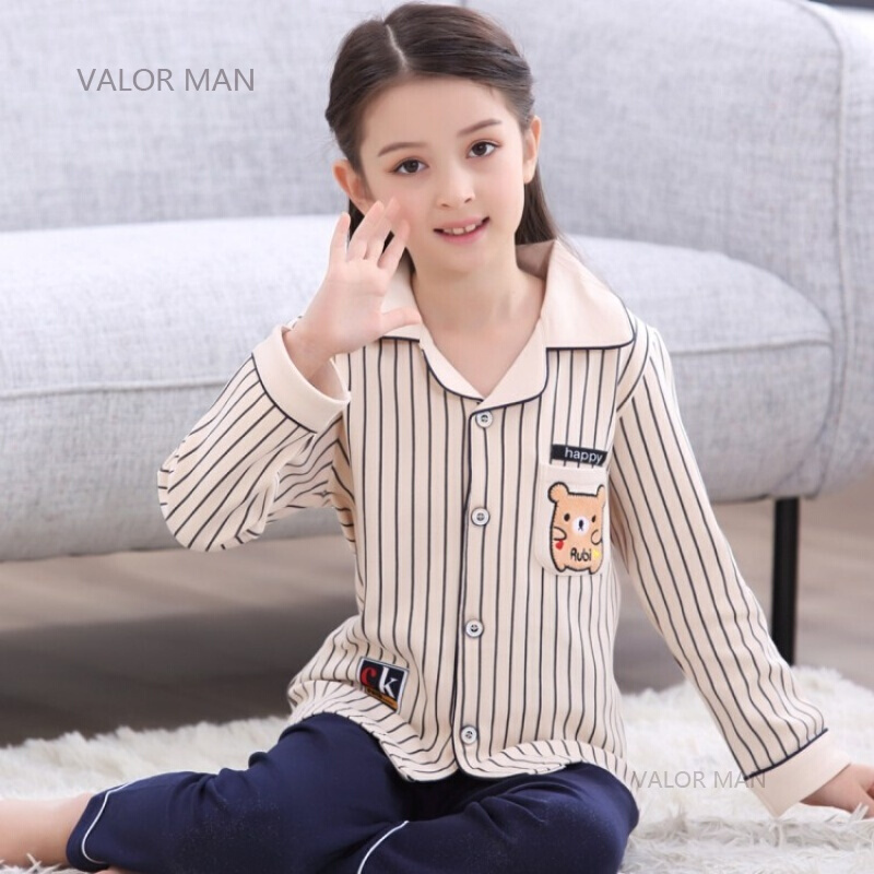 儿童睡衣纯棉春秋季大童小女孩公主女童家居服套装春夏15岁KAY11160开衫长袖女童S码[145-150CM体重70-8