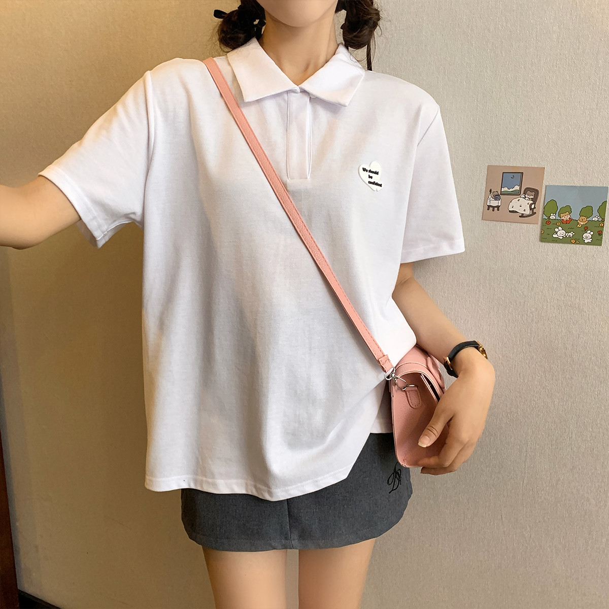 2024夏季女左胸爱心短袖polo衫学院风T恤百搭减龄韩版_31 漂白 L