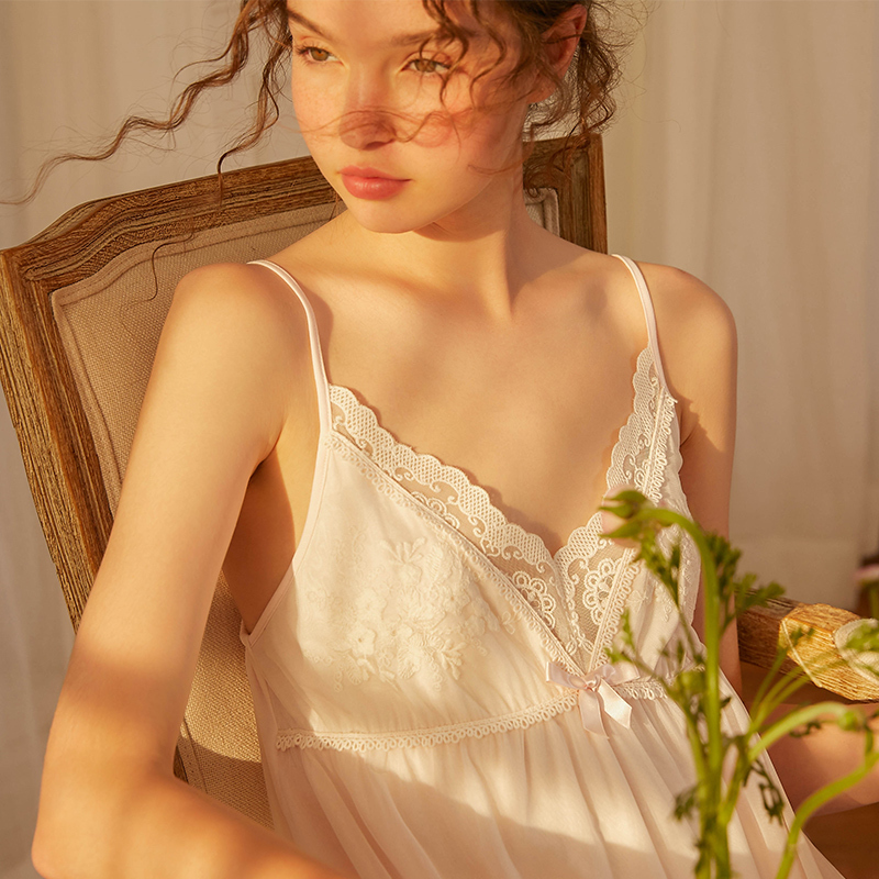suntek吊带睡裙女夏性感宫廷复古蕾丝网纱v领莫代尔少女白色女士睡衣