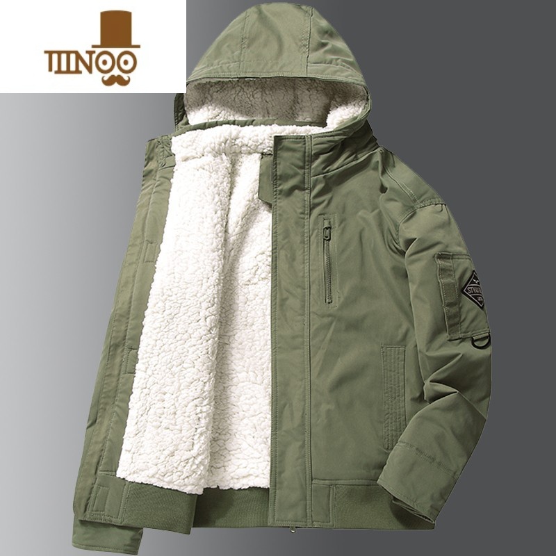 YANXU男装棉衣男潮加绒加厚工装连帽棉袄2023装新品宽松羔绒外套 浅军 4XL180-205斤)